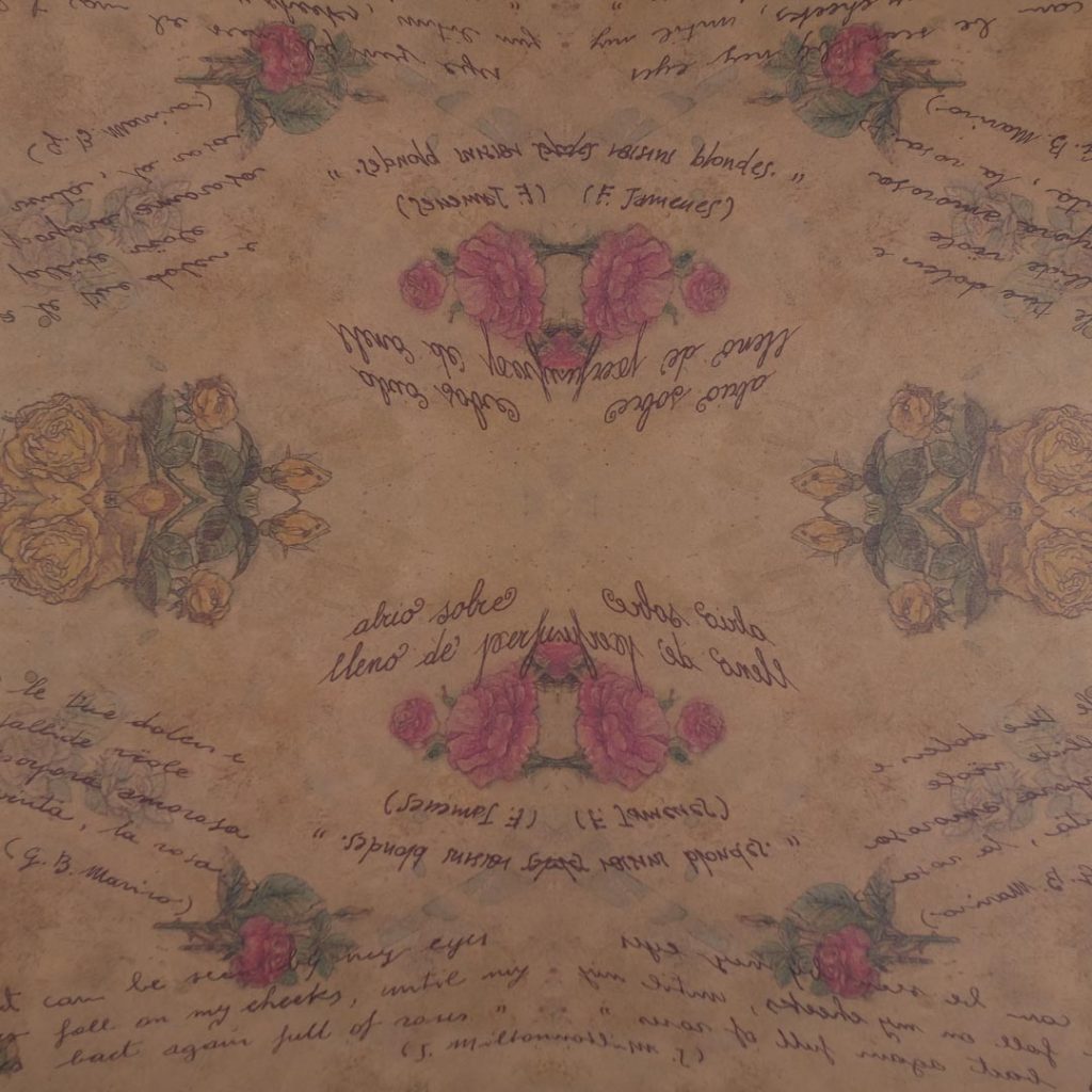 Close up of vintage printed flower-themed art paper.