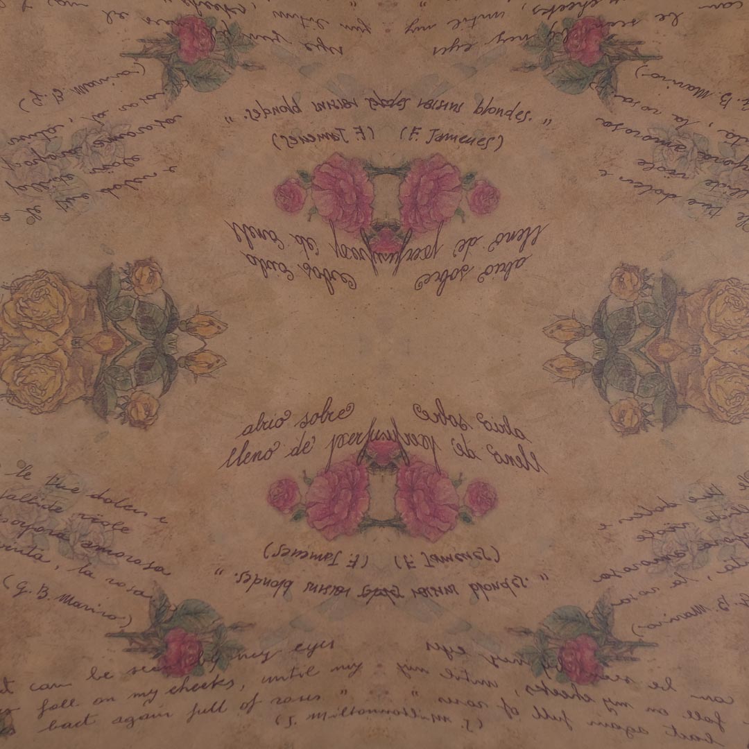 Close up of vintage printed flower-themed art paper.