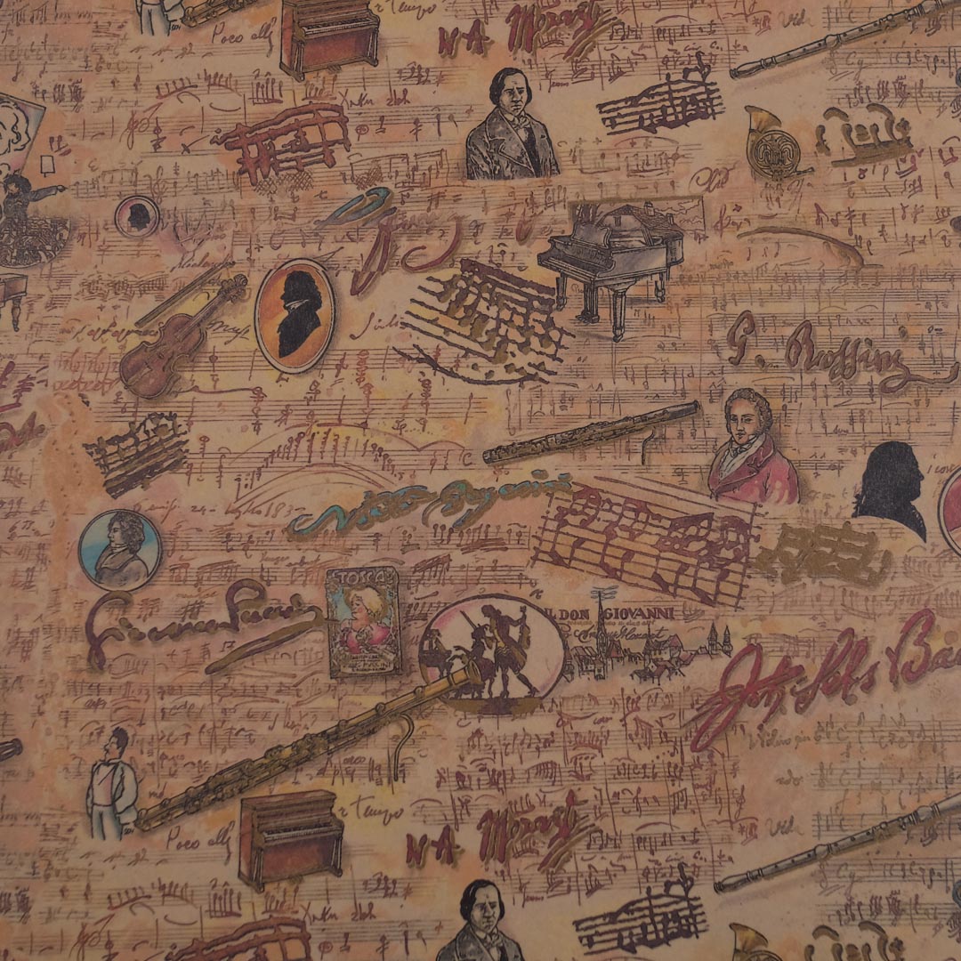 Close up of vintage printed musical-themed art paper.