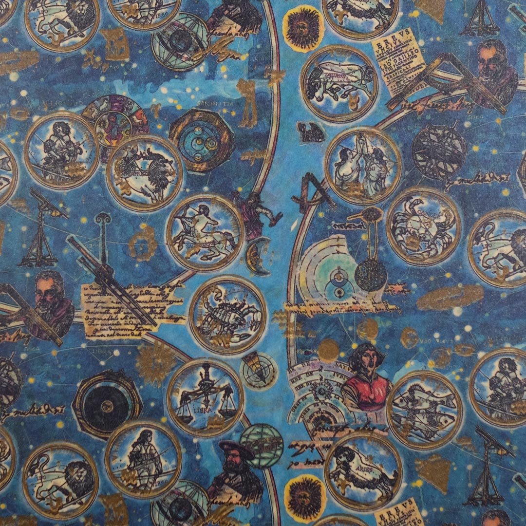 Close up of vintage printed sky map-themed art paper.