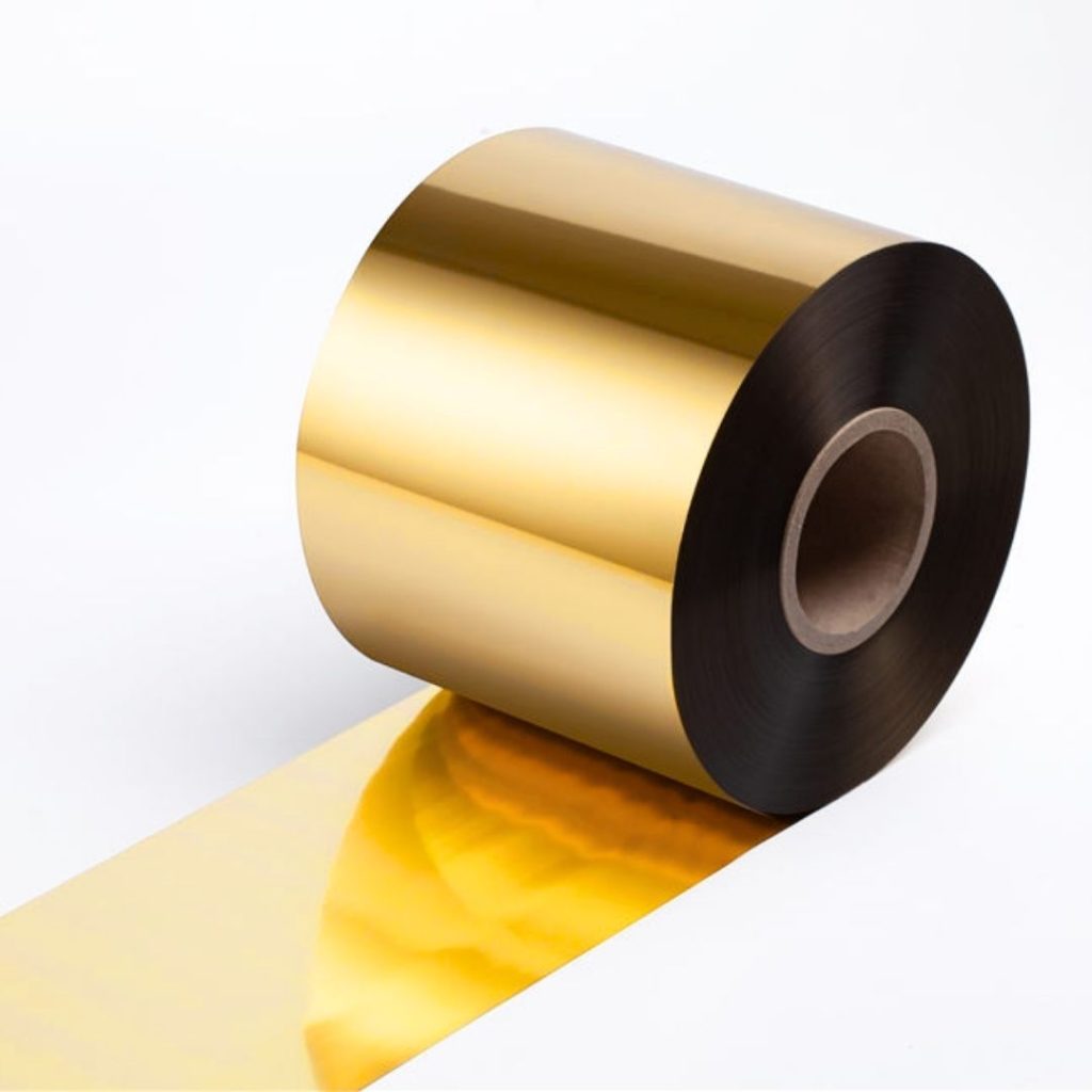 Close up of a hot-stamping foil roll in 103 dark gold.