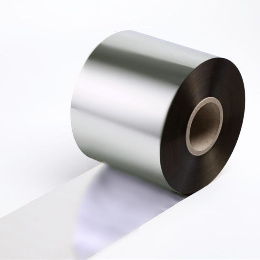 Close up of a hot-stamping foil roll in HH 122 matte silver.