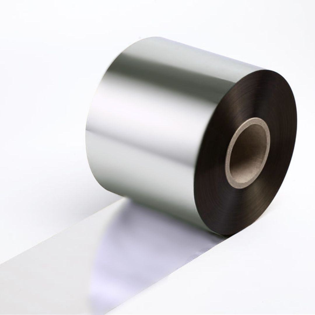 Close up of a hot-stamping foil roll in HH 122 matte silver.