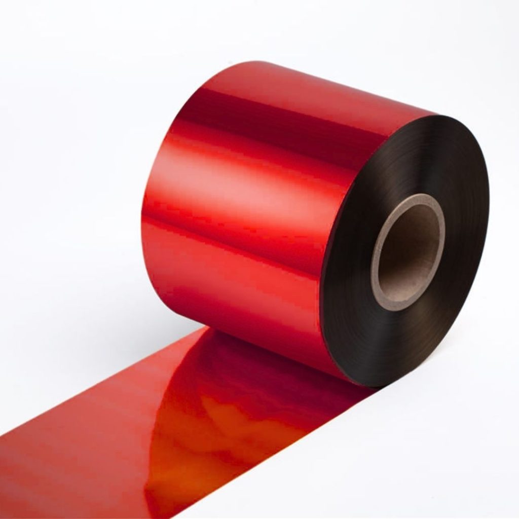 Close up of a hot-stamping foil roll in 130 red.