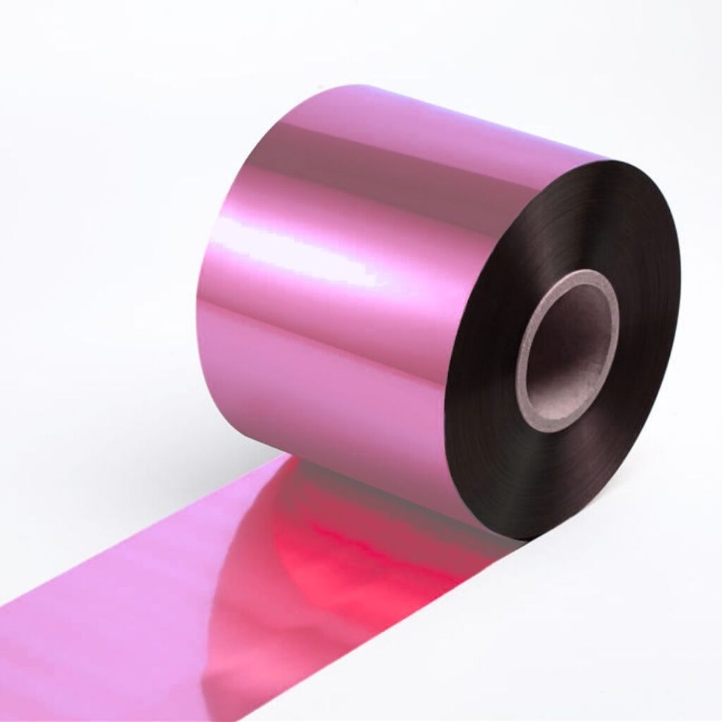 Close up of a hot-stamping foil roll in HH 136-2 pink.