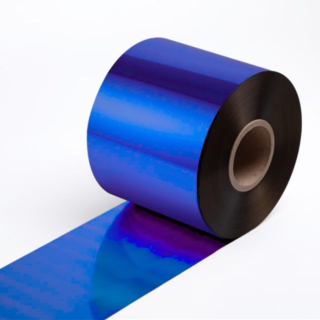 Close up of a hot-stamping foil roll in 150 blue.