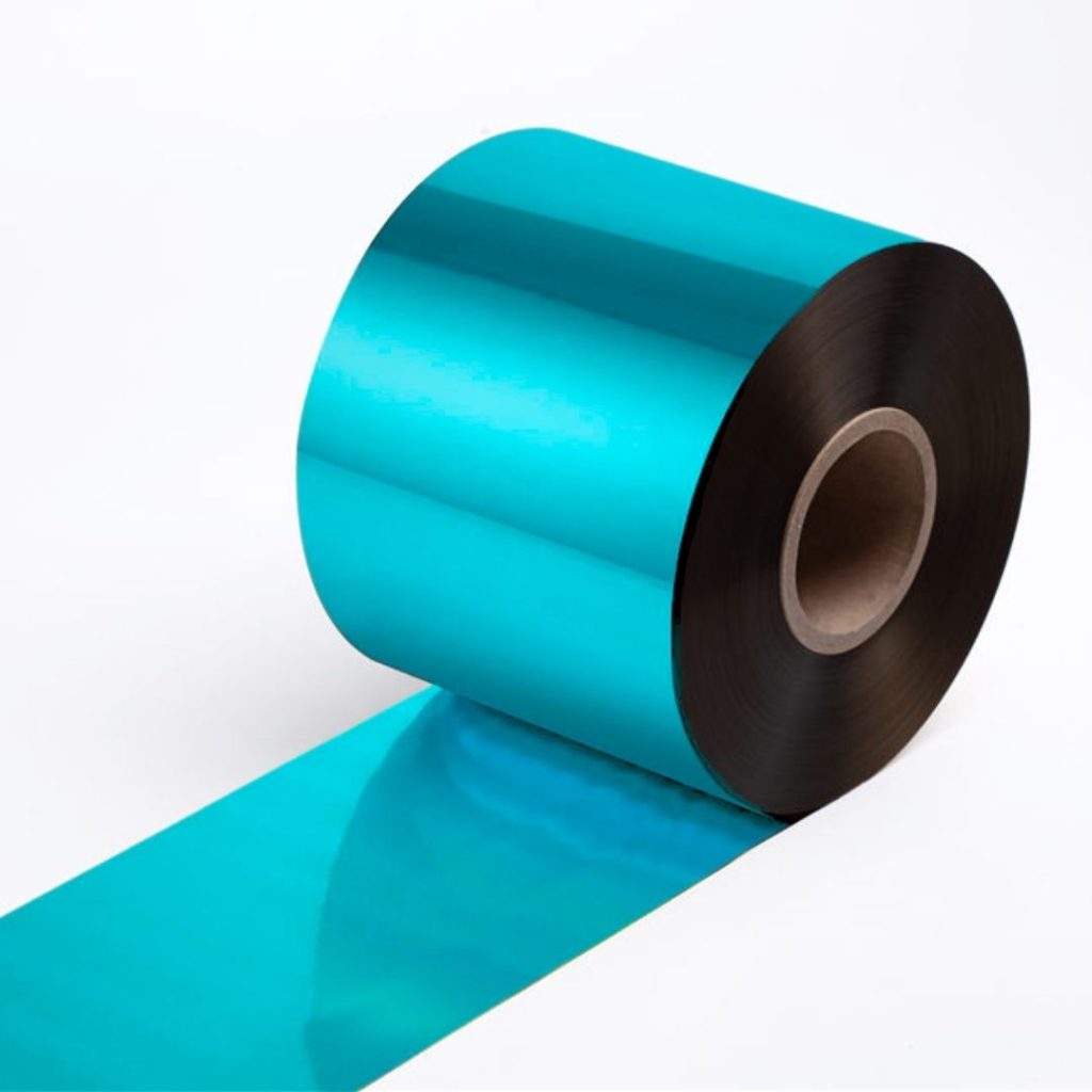 Close up of a hot-stamping foil roll in 155-1 turquoise.