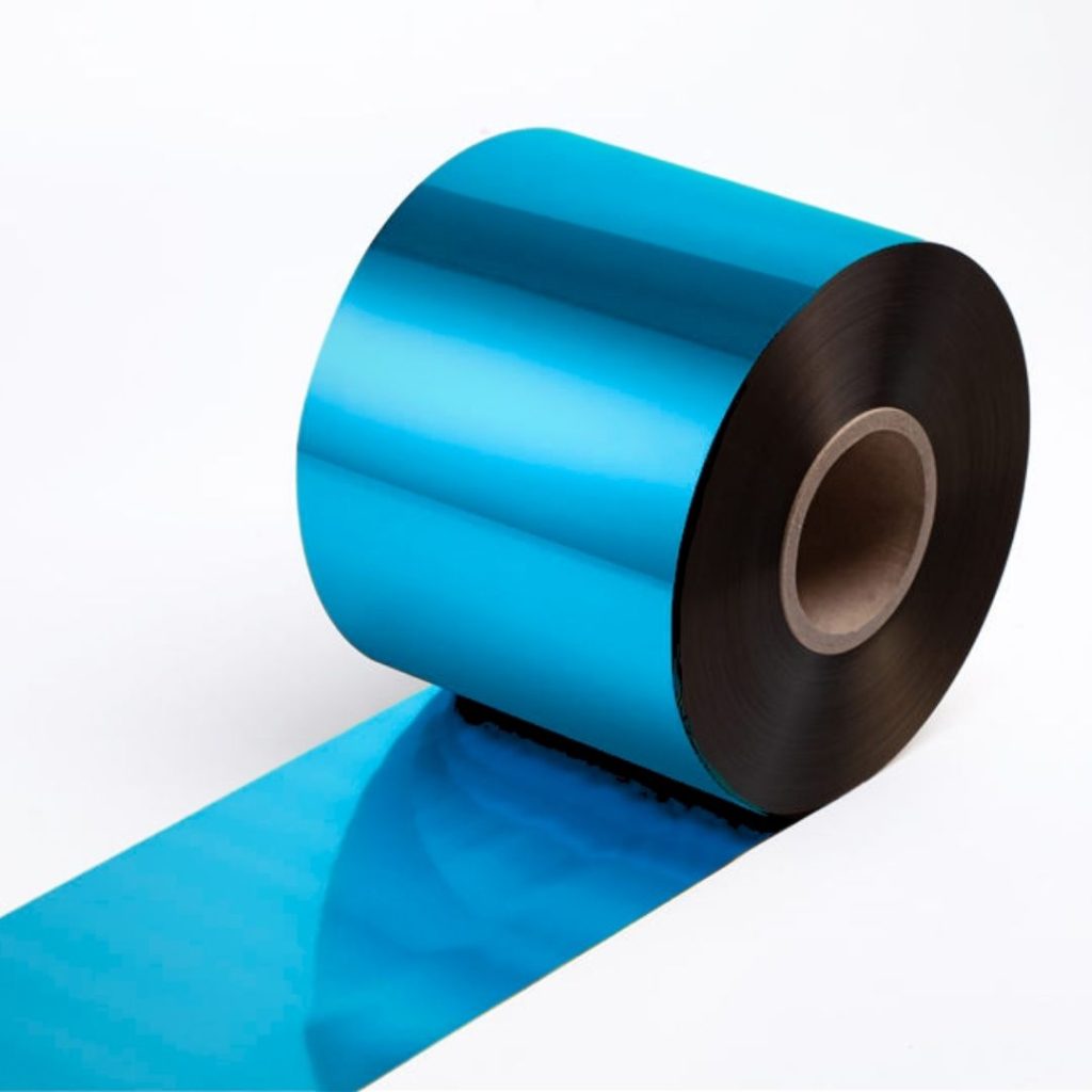 Close up of a hot-stamping foil roll in 157-8 blue.