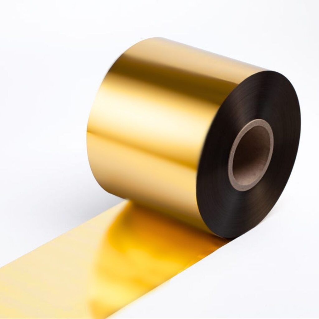 Close up of a hot-stamping foil roll in 336 matte gold