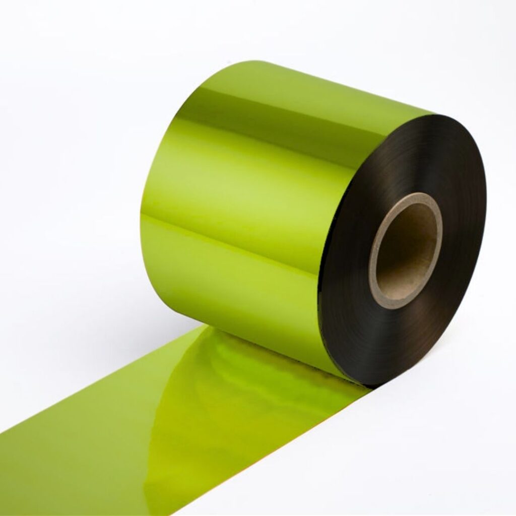 Close up of a hot-stamping foil roll in 49 green.