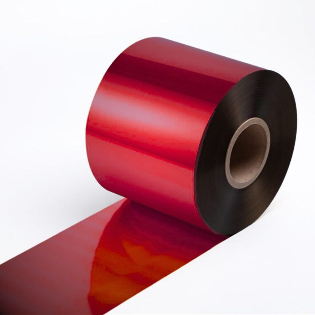 Close up of a hot-stamping foil roll in HC 392 red.