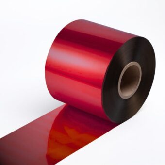 Close up of a hot-stamping foil roll in HC 392 red.