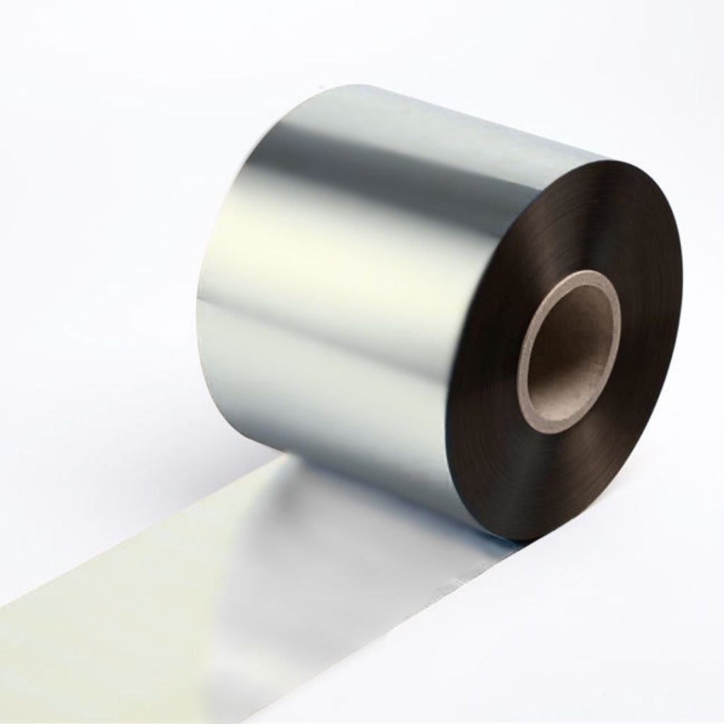 Close up of a hot-stamping foil roll in V500 silver.