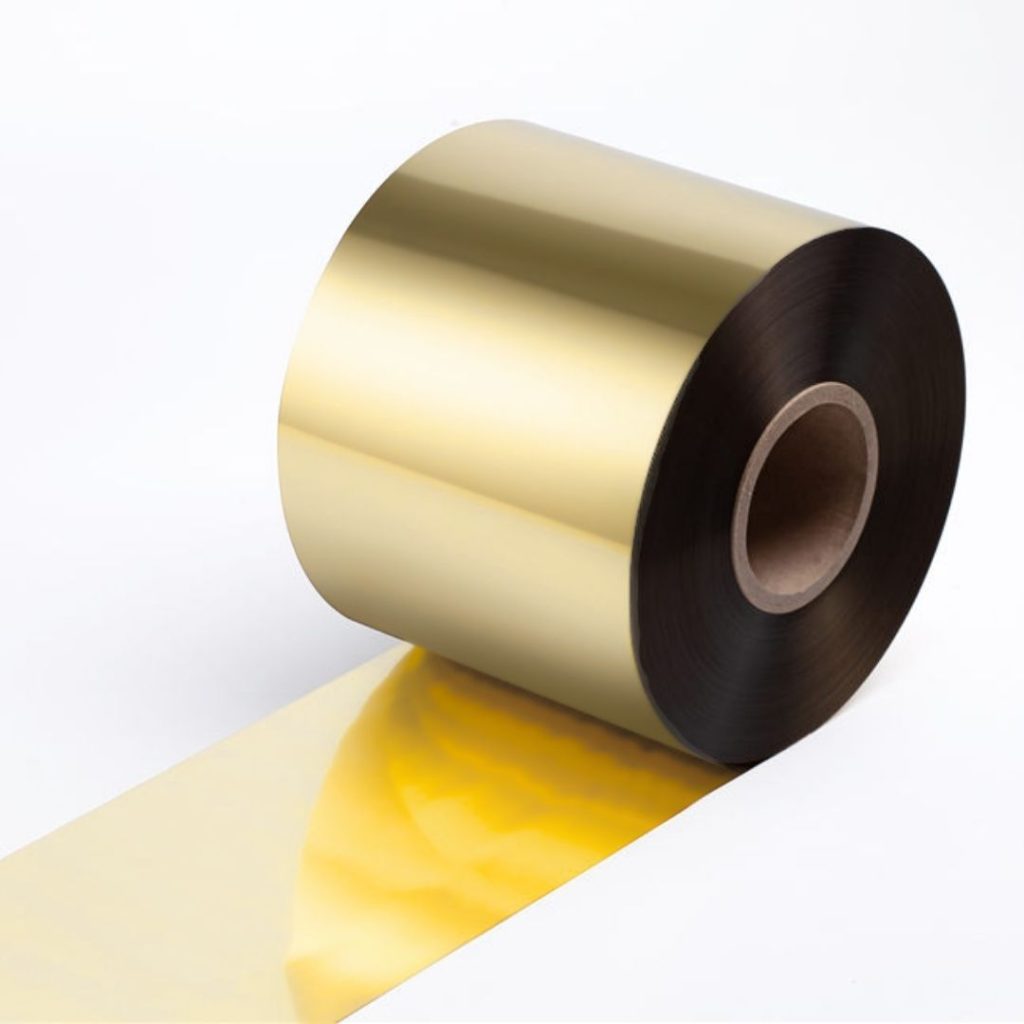 Close up of a hot-stamping foil roll in V501 gold.