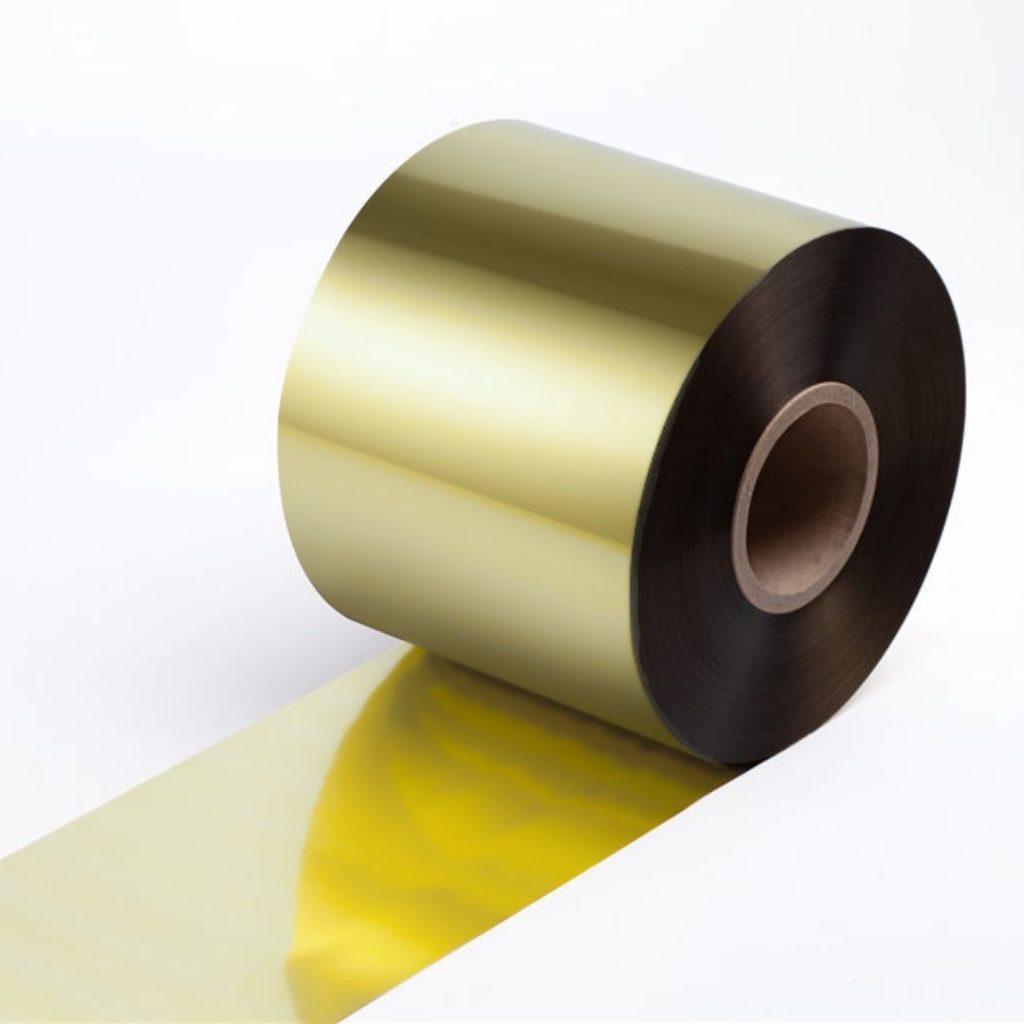 Close up of a hot-stamping foil roll in V502 gold.